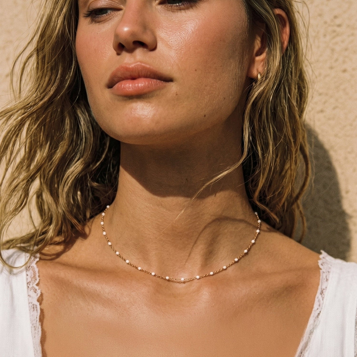 White Enamel Bead Choker, 39–44 cm
