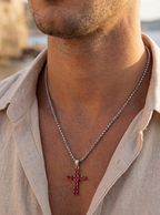 Red Zirconia Cross Pendant Necklace, Silver-Tone, 60 cm
