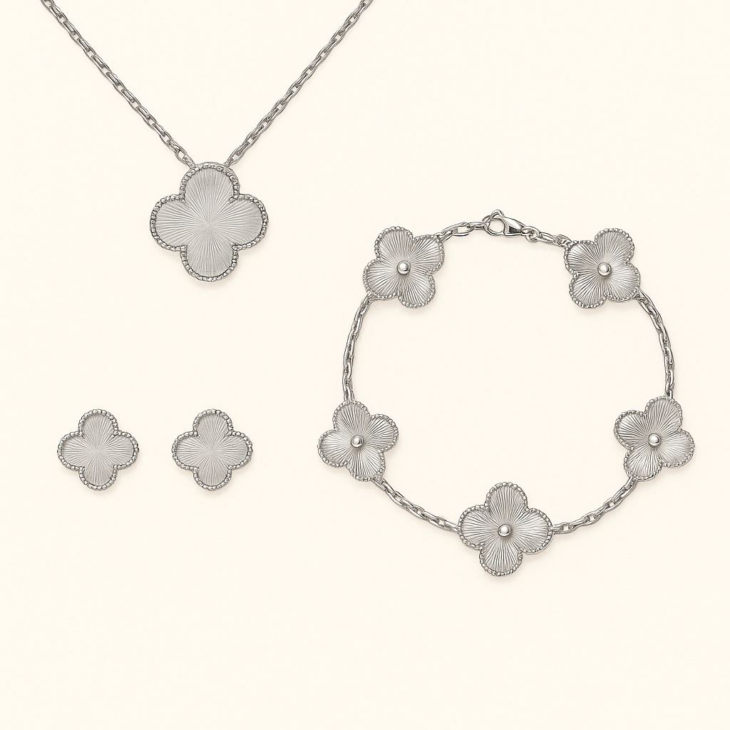 Silver-Tone Clover Necklace Bracelet Earrings Set