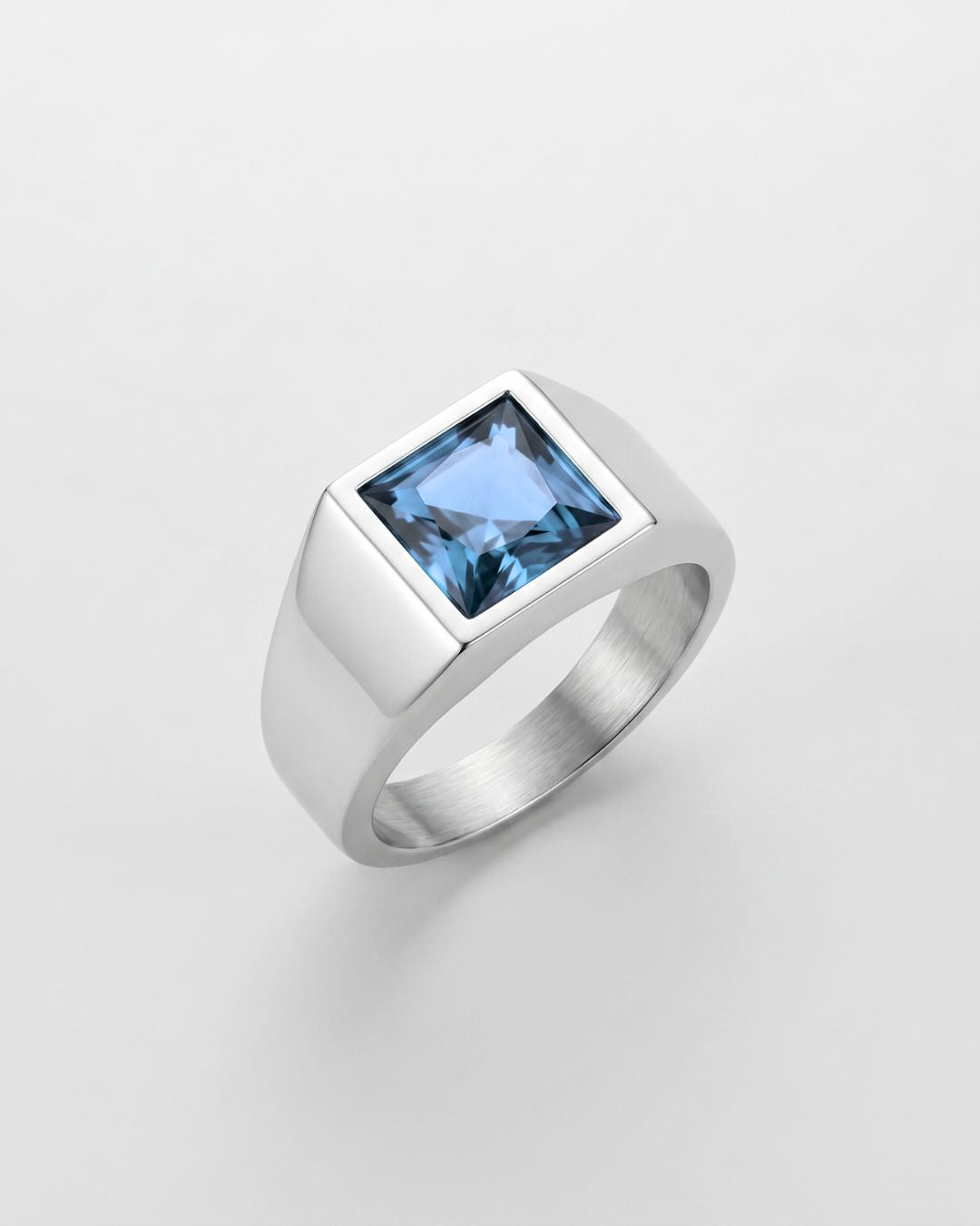 Men’s Aqua Blue Zirconia Square Signet Ring, Silver-Tone