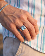 Men’s Aqua Blue Zirconia Square Signet Ring, Silver-Tone