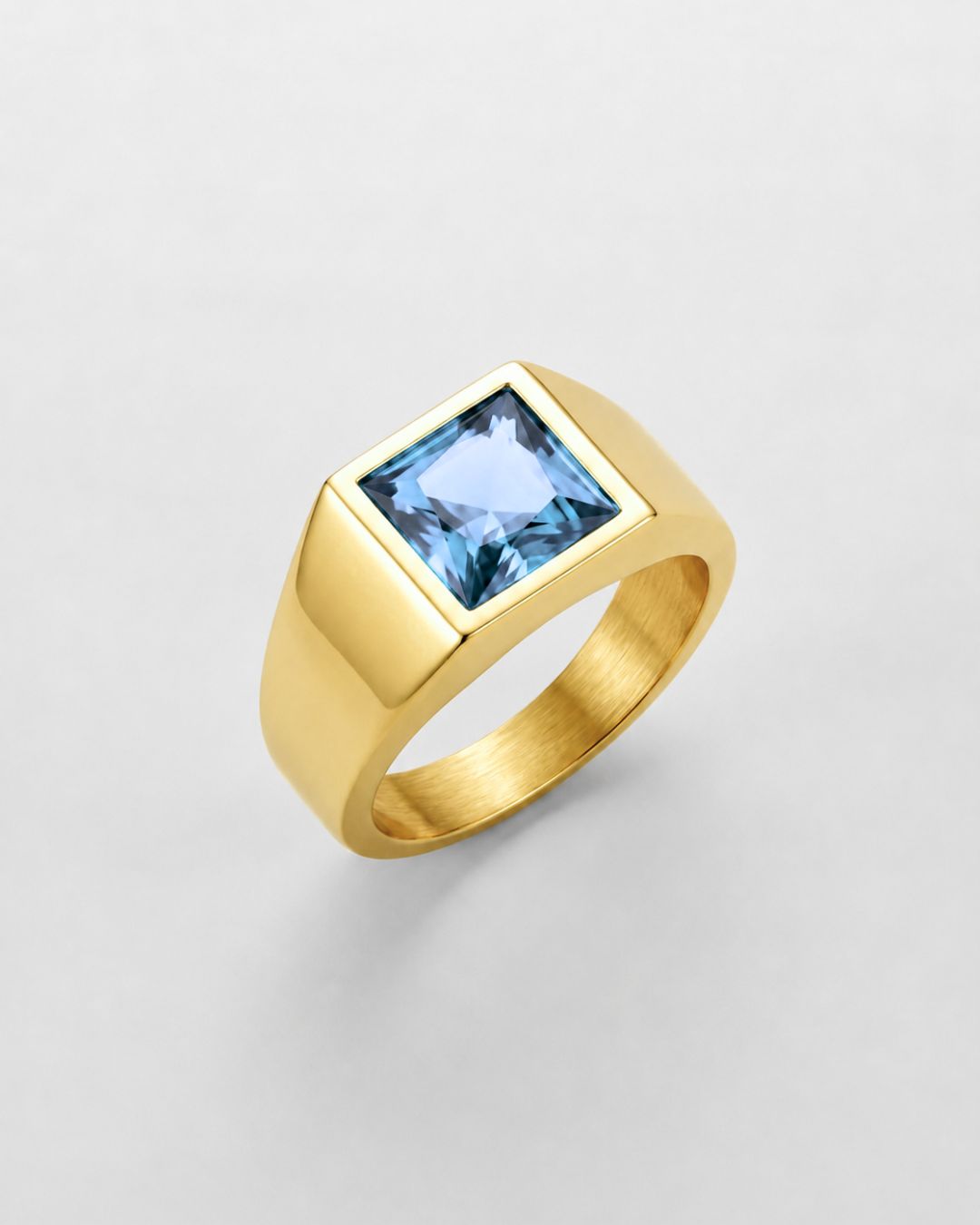 Men’s Aqua Blue Zirconia Square Signet Ring, Gold-Tone