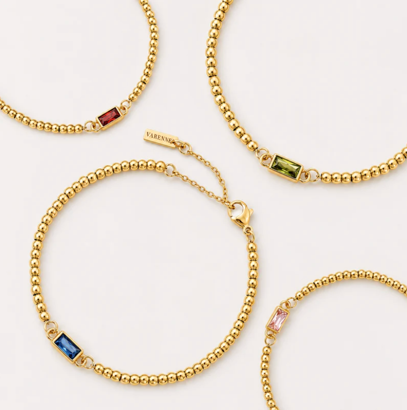 Birthstone-Color Zircon Beaded Bracelet, Gold PVD Steel