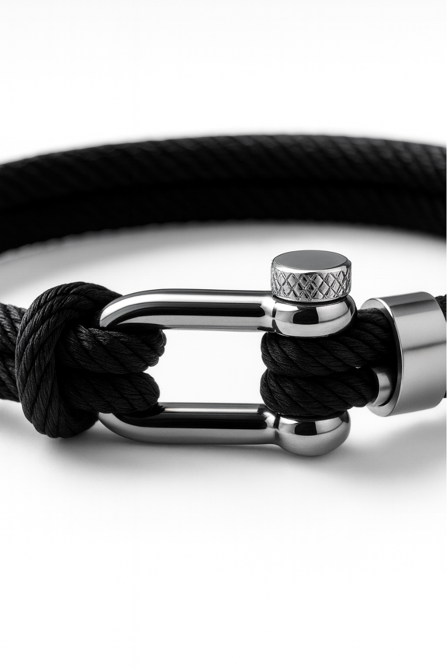 Men’s Black Braided Nylon Rope Bracelet with Steel Shackle