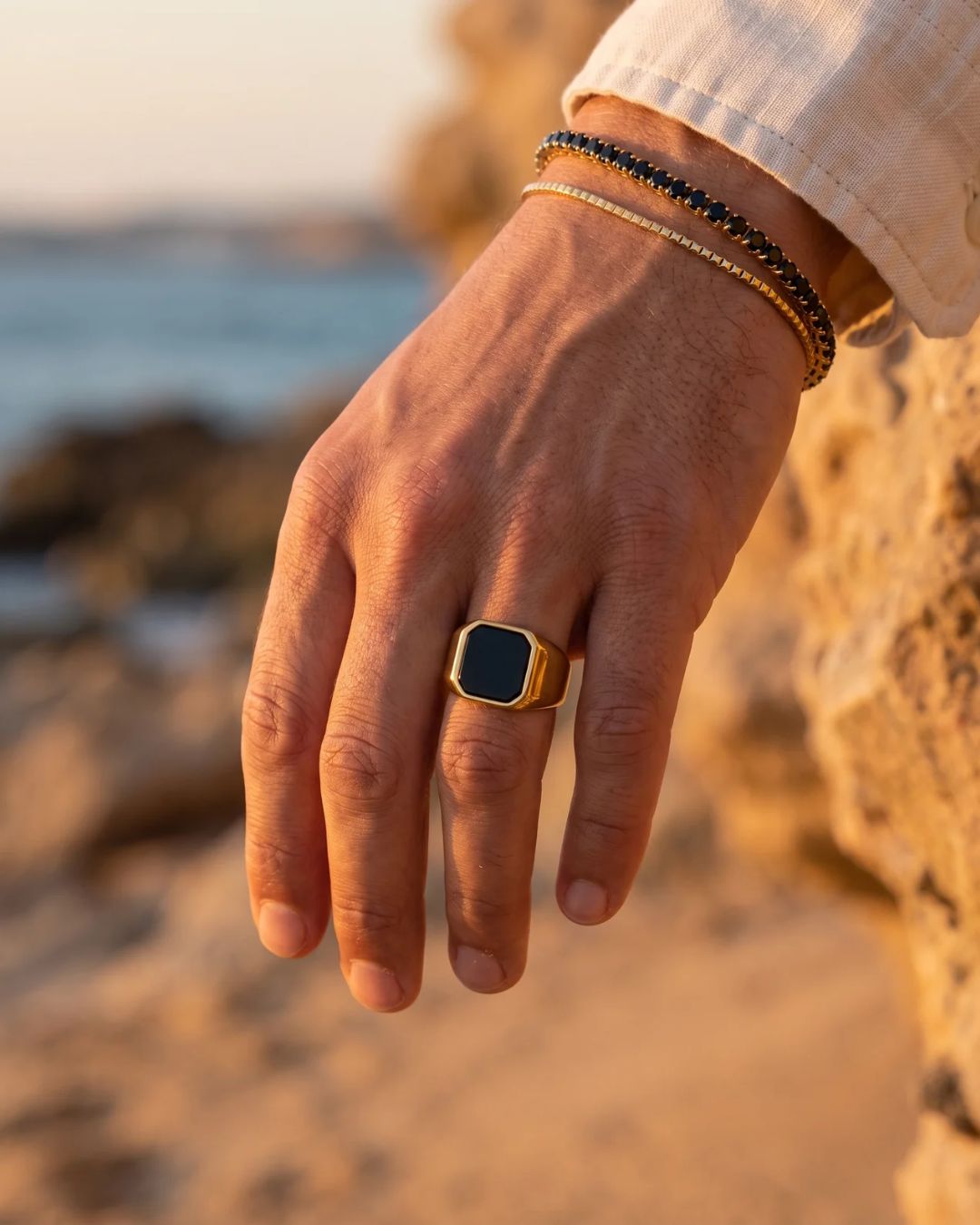 Men’s Black Inlay Signet Ring, Gold-Plated Steel, US 7–13