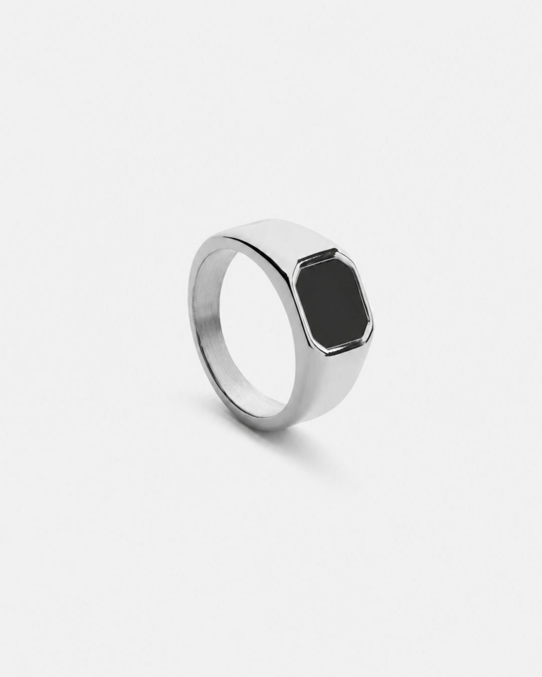 Men’s Black Inlay Signet Ring, Silver-Plated Steel, US 7–13
