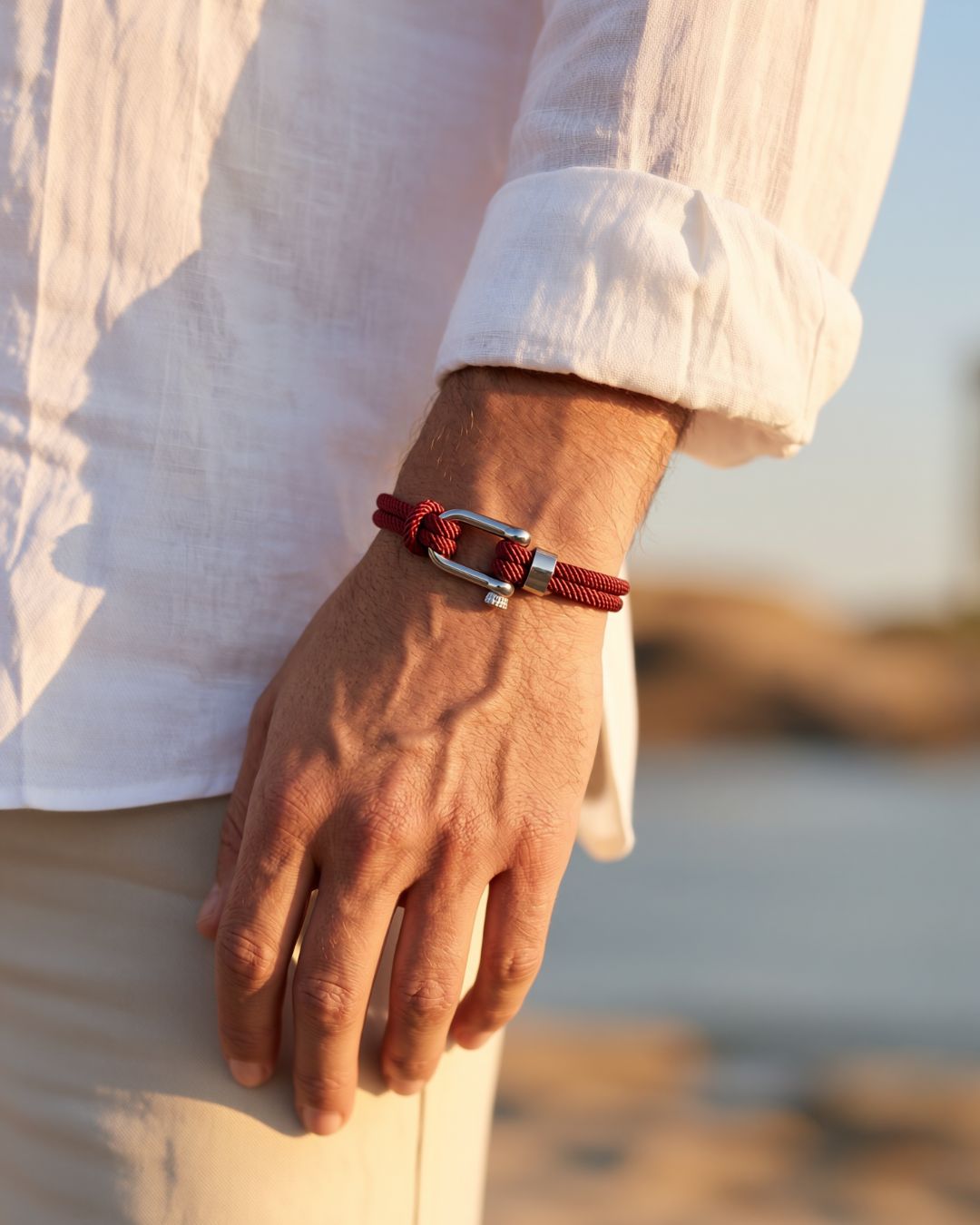 Men’s Burgundy Braided Nylon Rope Bracelet with Steel Shackle