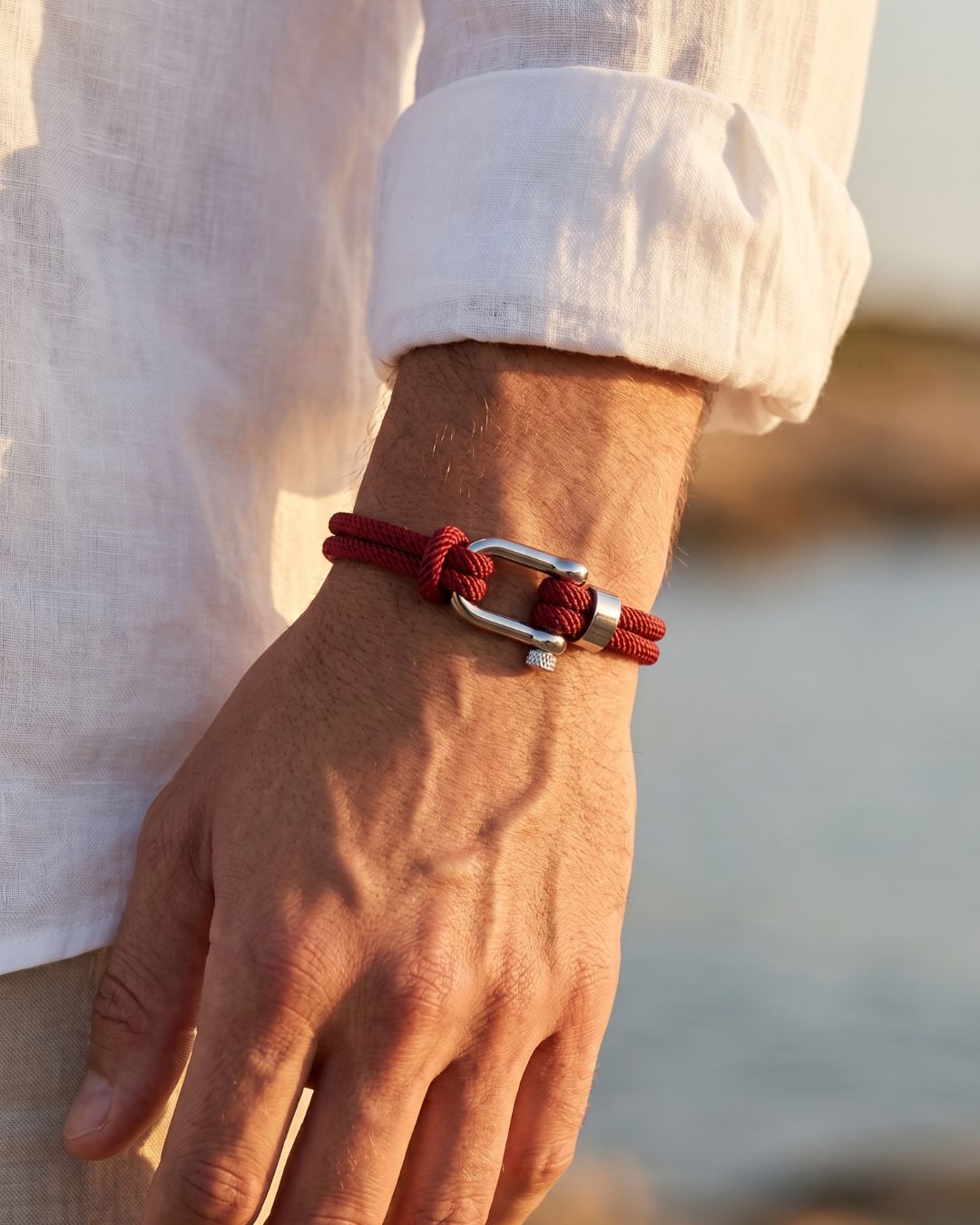 Men’s Burgundy Braided Nylon Rope Bracelet with Steel Shackle