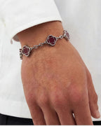 Burgundy Clover Charm Bracelet, Silver-Plated Stainless Steel