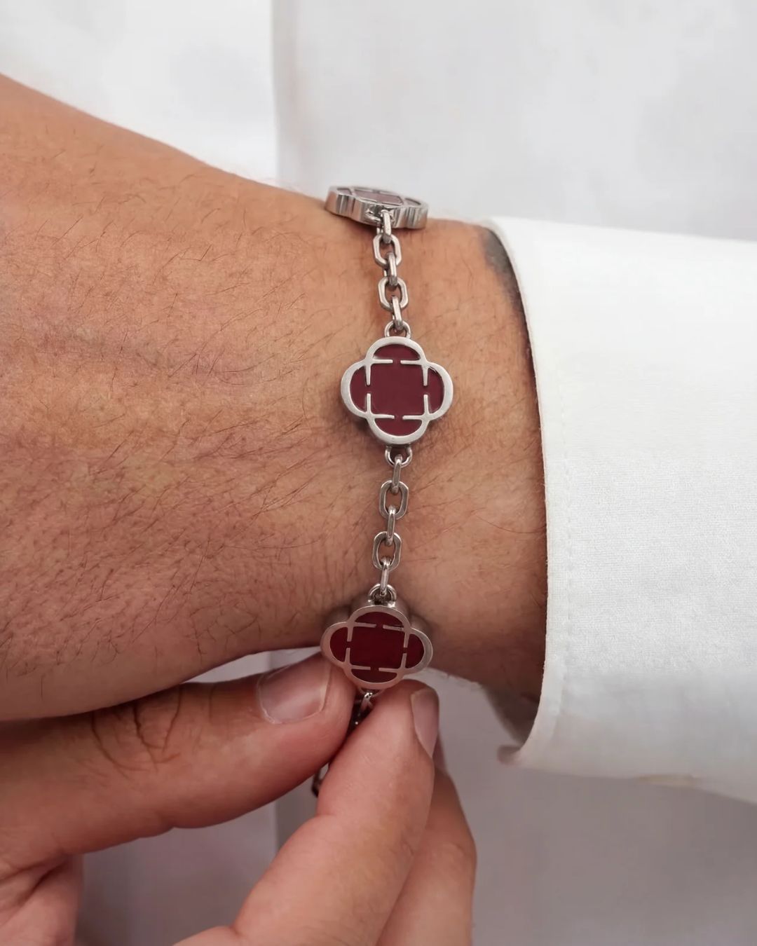 Burgundy Clover Charm Bracelet, Silver-Plated Stainless Steel
