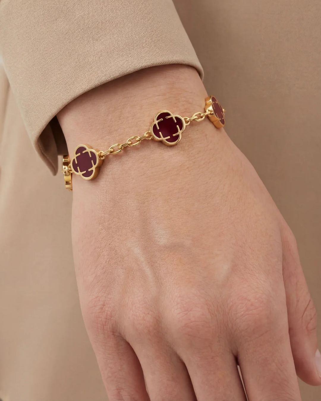 Burgundy Clover Charm Bracelet, Gold-Plated Stainless Steel