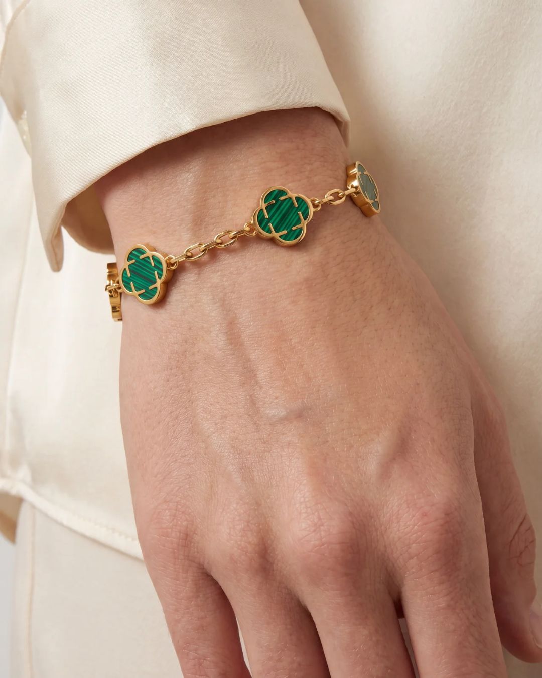 Green Clover Charm Bracelet, Gold-Plated Stainless Steel