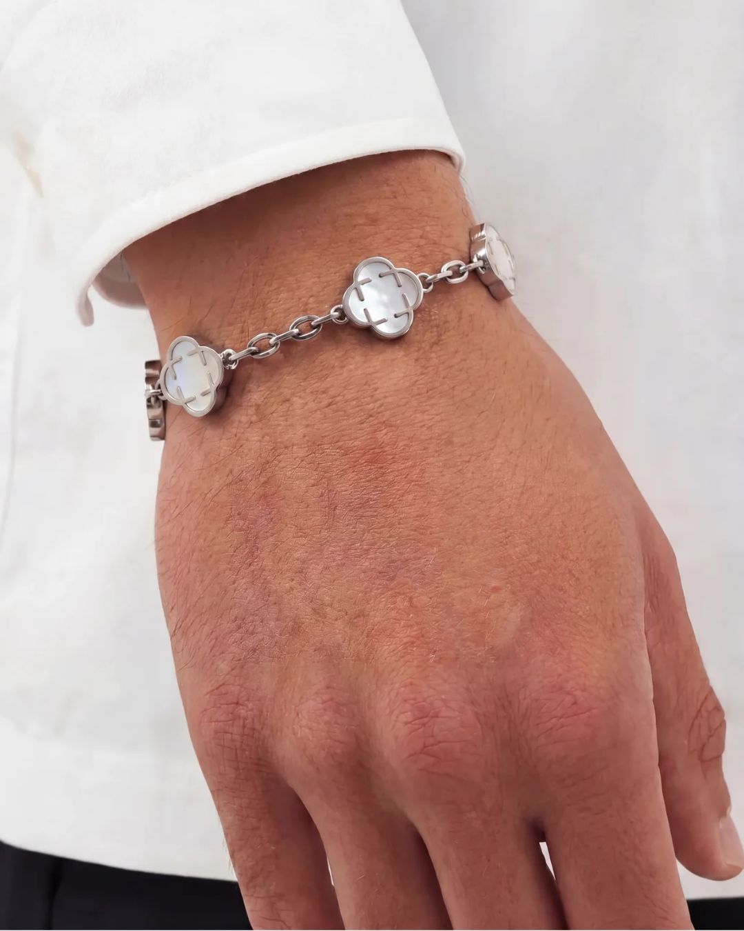 Pearl-White Clover Charm Bracelet, Silver-Plated Stainless Steel
