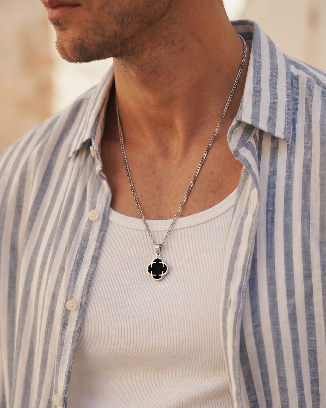 Black Clover Pendant Necklace, Silver-Plated Steel