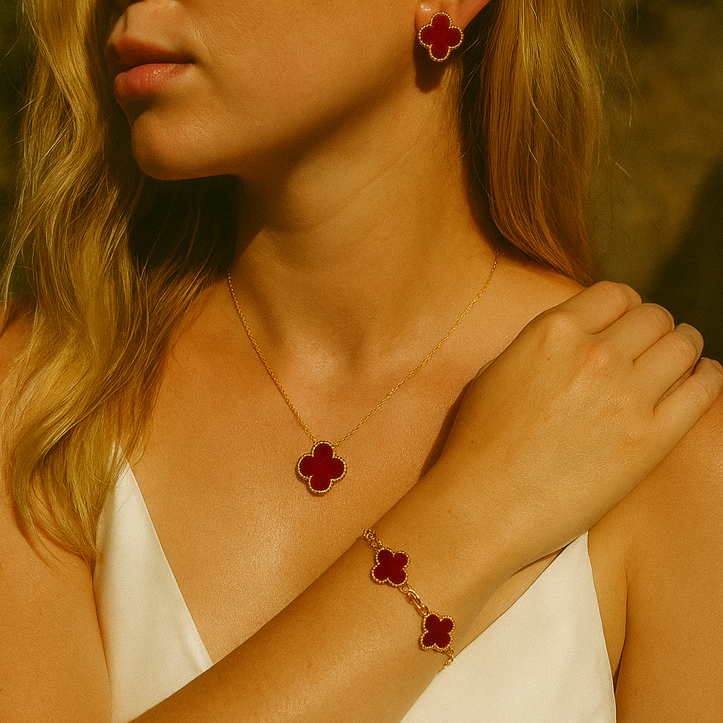 Red Clover Necklace Bracelet Earrings Set