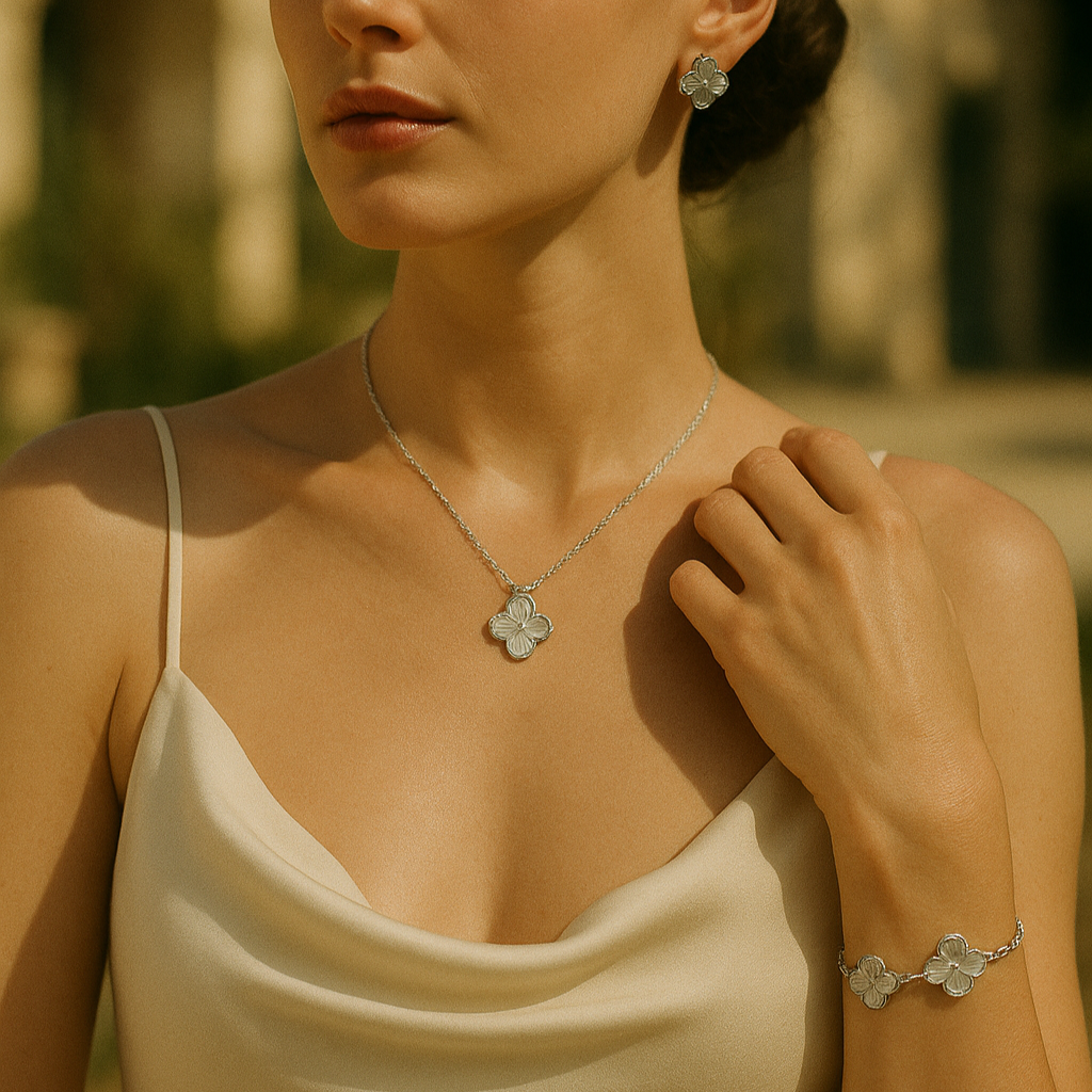 Silver-Tone Clover Necklace Bracelet Earrings Set