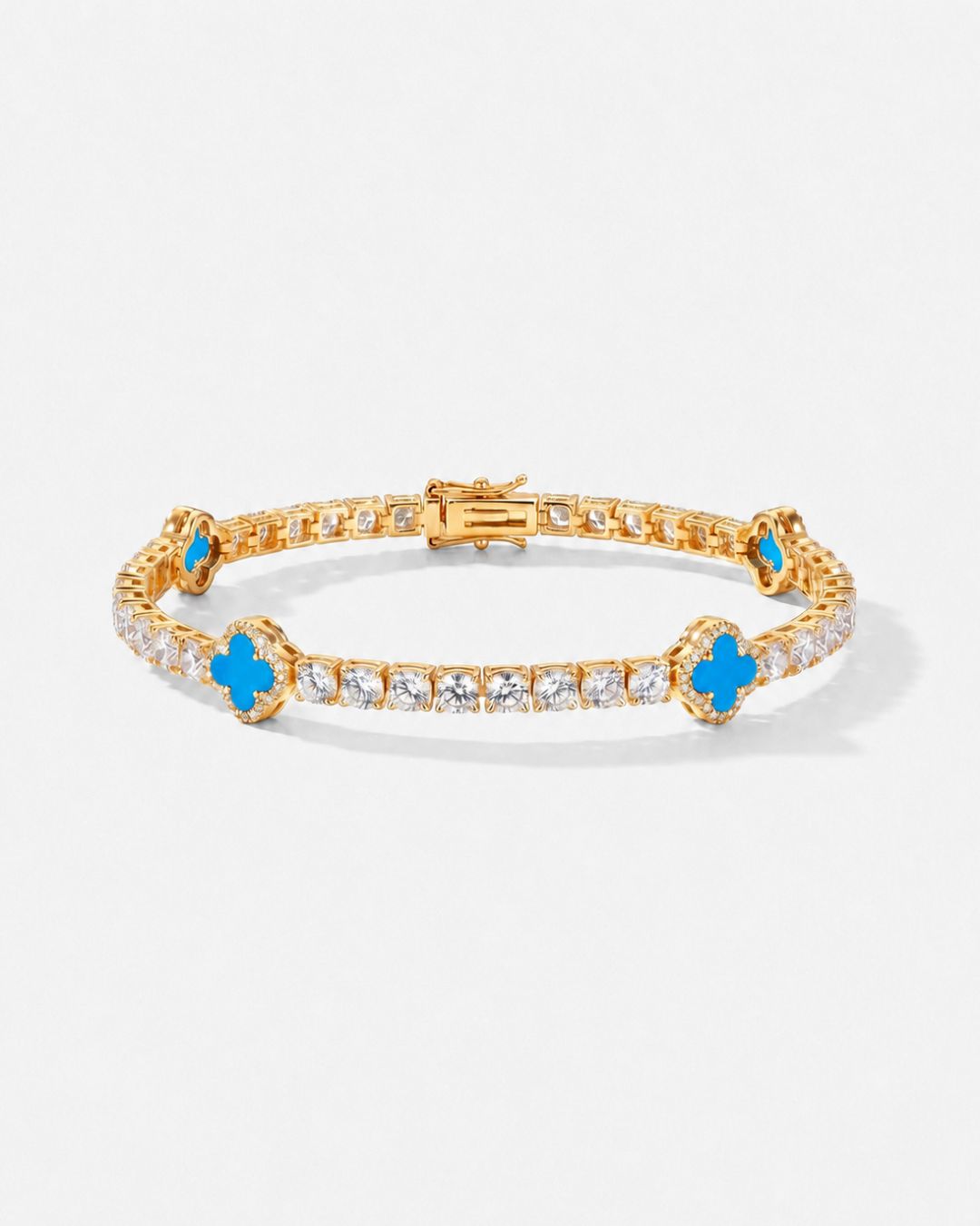 Azure Blue Clover Tennis Bracelet, Gold-Plated
