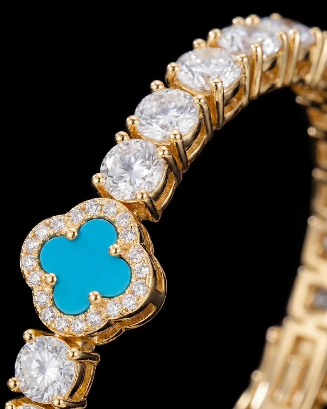 Azure Blue Clover Tennis Necklace, Gold-Plated