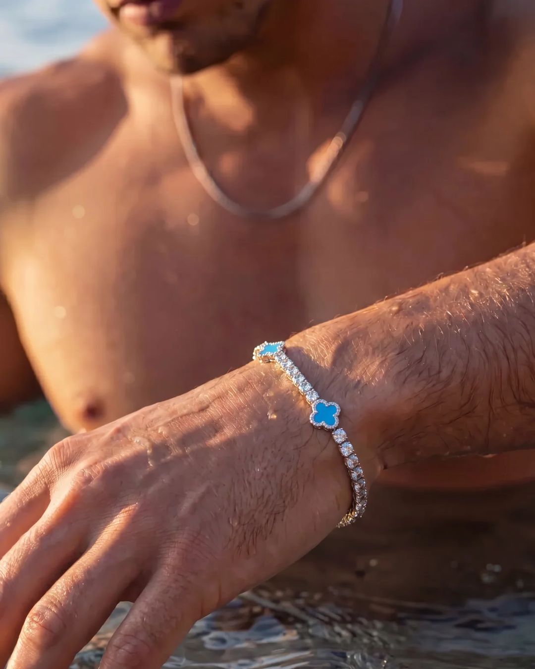 Azure Blue Clover Tennis Bracelet, Silver-Plated