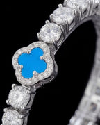 Azure Blue Clover Tennis Necklace, Silver-Plated