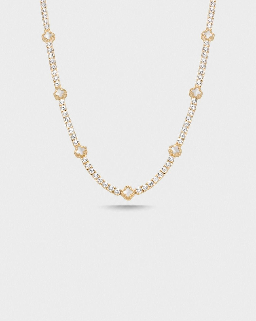 Pearlescent White Clover Tennis Necklace, Gold-Plated