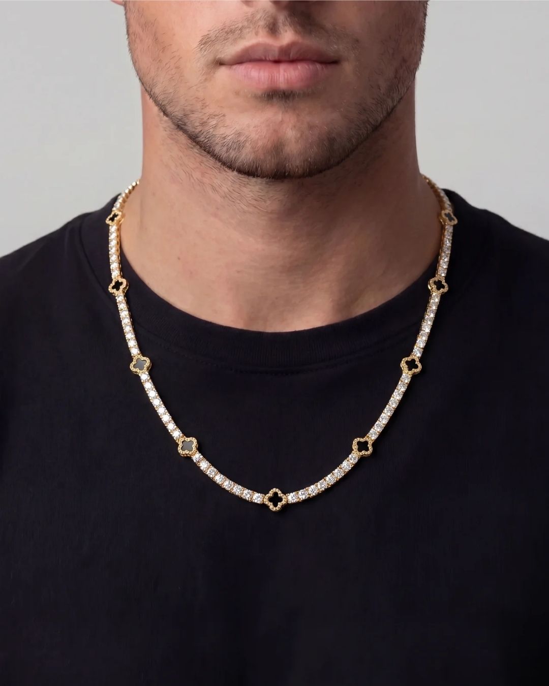 Black Clover Tennis Necklace, Gold-Plated