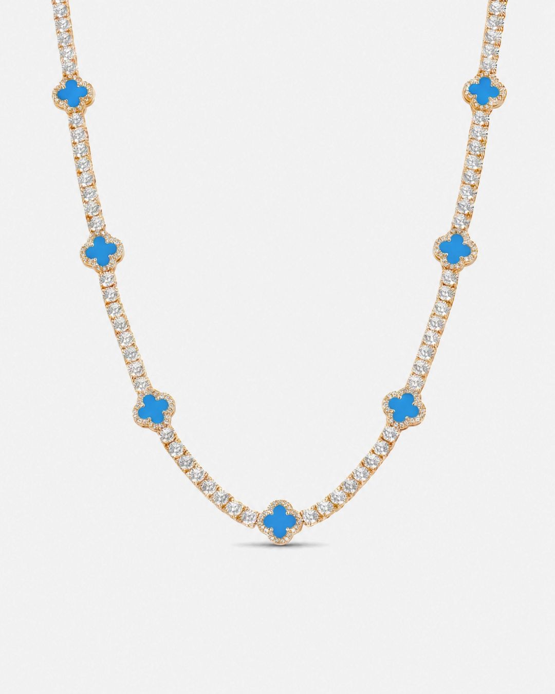 Azure Blue Clover Tennis Necklace, Gold-Plated