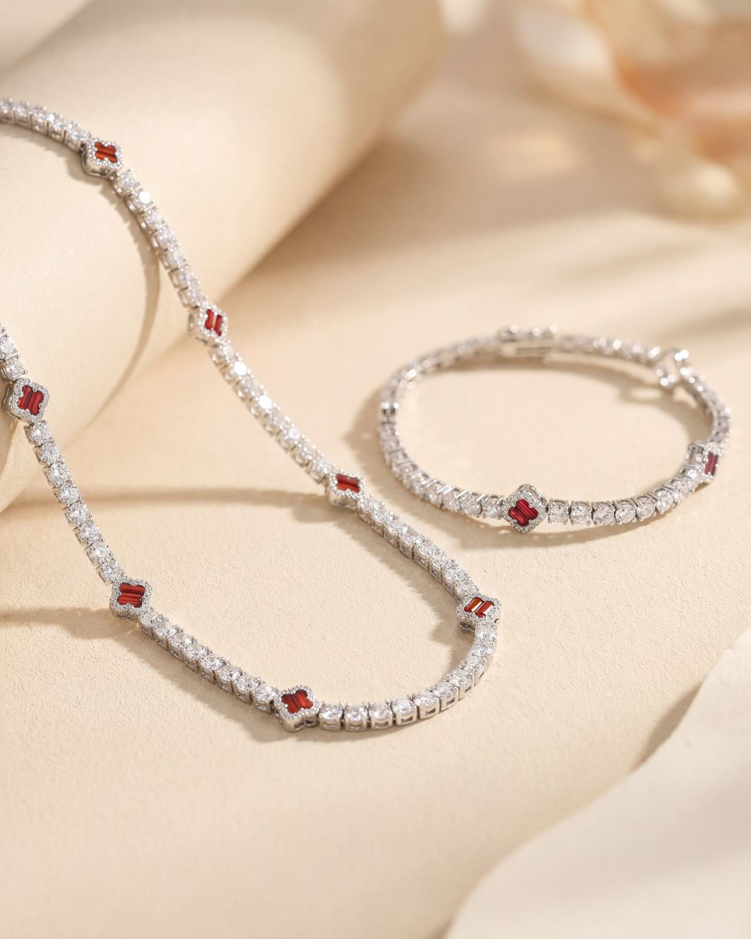 Burgundy Red Clover Tennis Bracelet, Silver-Plated