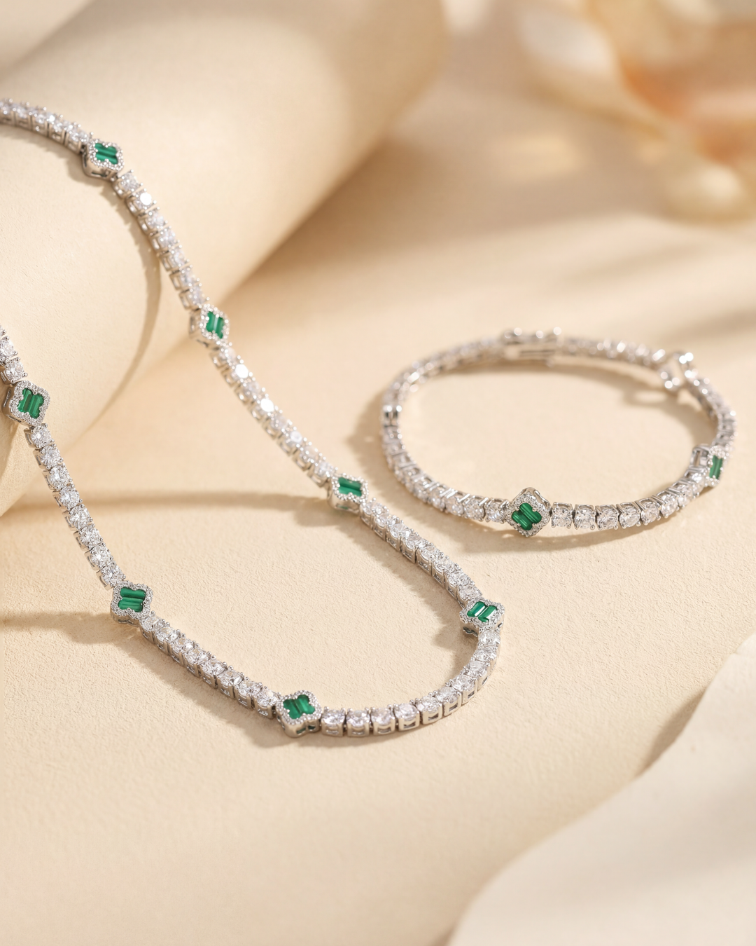 Green Clover Tennis Necklace, Silver-Plated