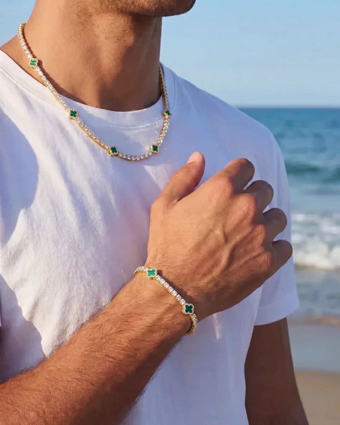 Green Clover Tennis Bracelet, Gold-Plated