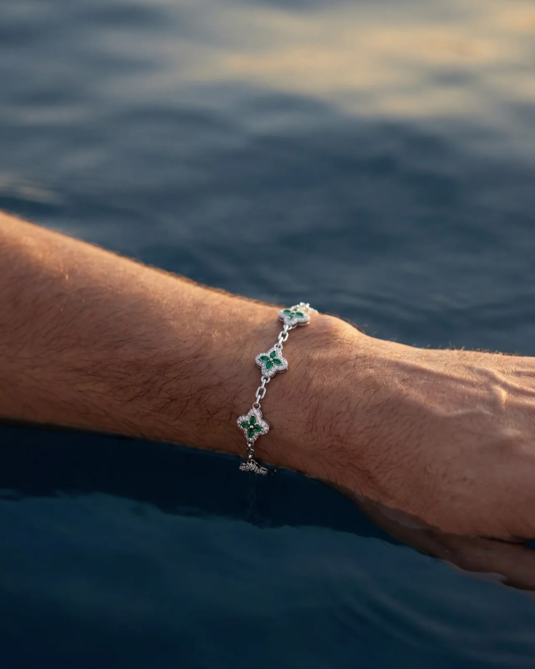 Green Zircon Flower Bracelet, Silver-Tone Copper