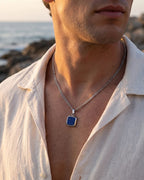 Men’s Blue Inlay Pendant Necklace, Silver-Plated Steel