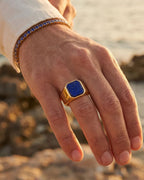 Men’s Blue Inlay Signet Ring, Gold-Plated Steel, US 7–13