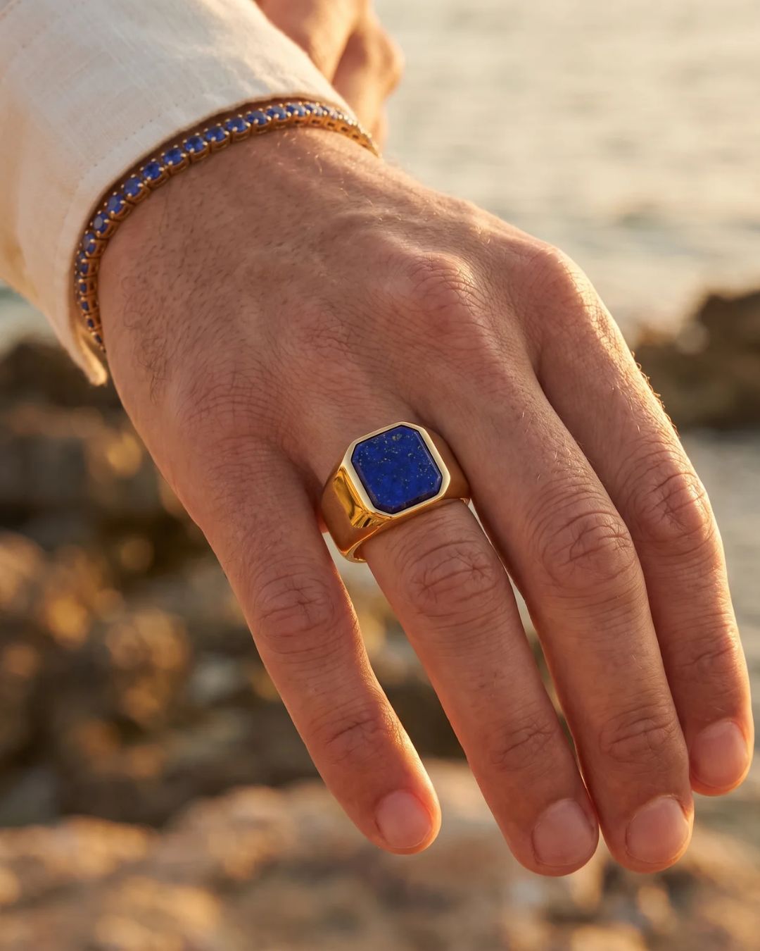 Men’s Blue Inlay Signet Ring, Gold-Plated Steel, US 7–13