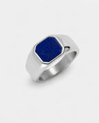 Men’s Blue Inlay Signet Ring, Silver-Plated Steel, US 7–13