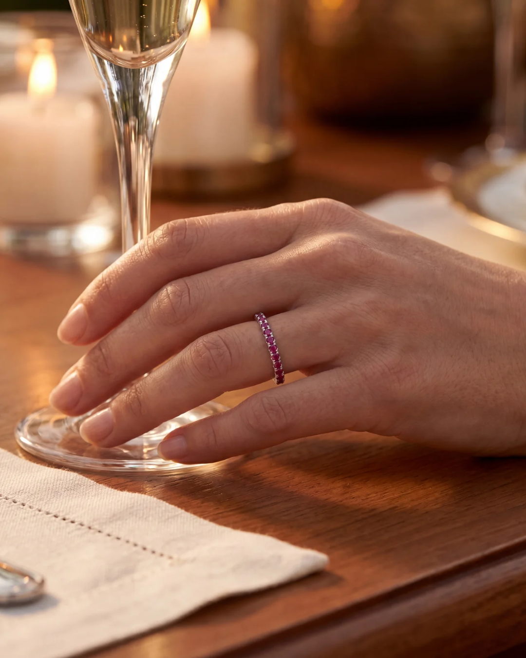 Deep Rose Zircon Stone Band Ring, Stainless Steel — Mar Rosa