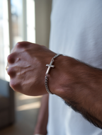 Men’s Cuban Chain Cross Bracelet, 3 mm, Platinum-Plated Steel
