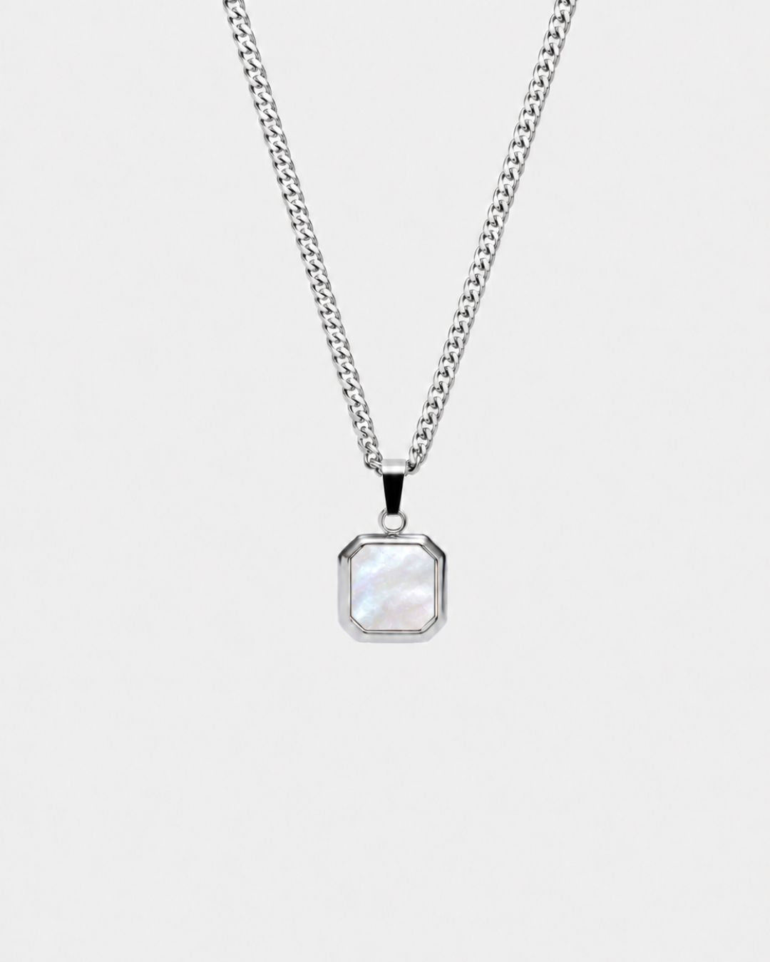 Pearlescent White Inlay Pendant Necklace, Silver-Plated Steel
