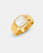 Pearlescent White Inlay Signet Ring, Gold-Plated Steel, US 7–13