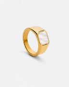 Pearlescent White Inlay Signet Ring, Gold-Plated Steel, US 7–13