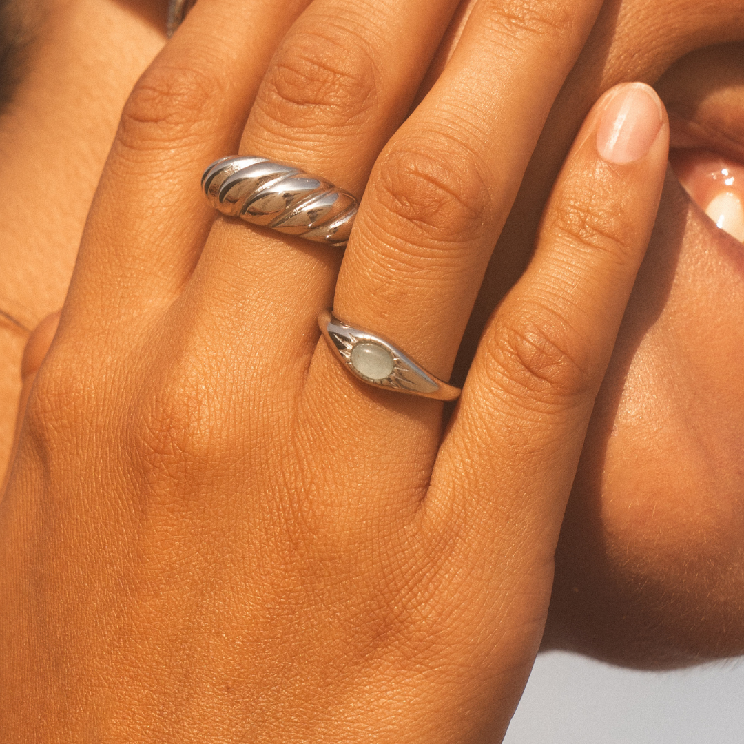 Green Jade Stone Ring, Steel — Oasis