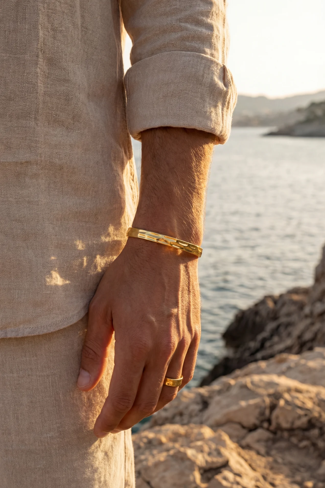 Men’s Textured Open Cuff Bracelet, 18K Gold-Plated Steel — Ocean