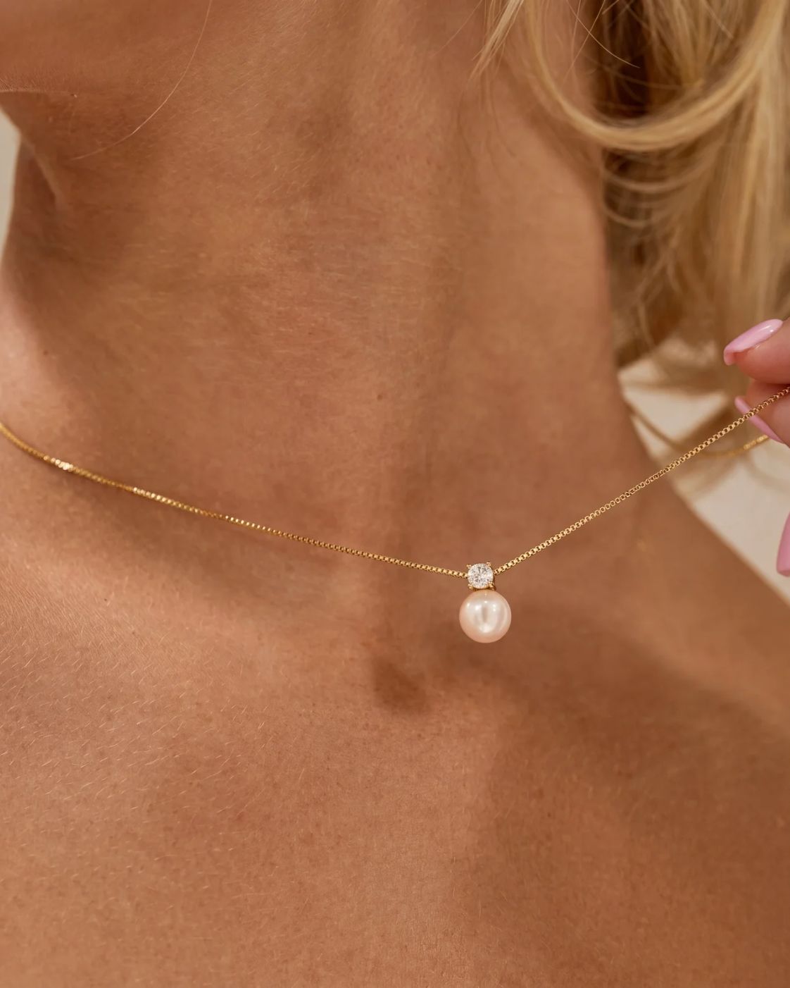 Imitation Pearl and Zirconia Pendant Necklace, Gold-Tone
