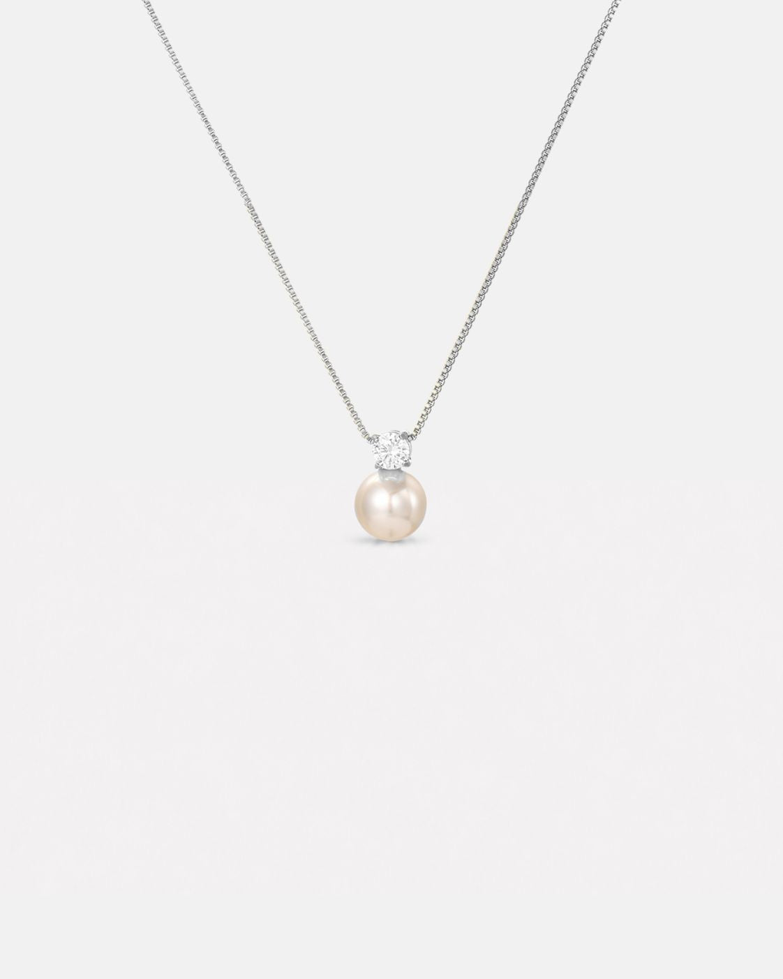 Imitation Pearl and Zirconia Pendant Necklace, Silver-Tone