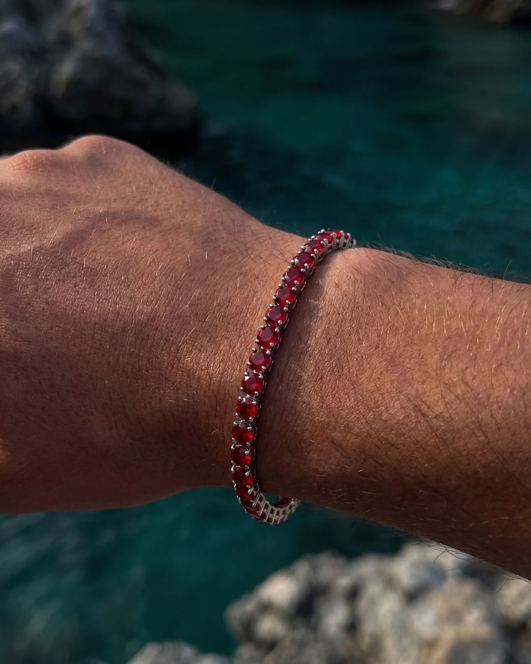 Red Zircon Tennis Necklace and Bracelet Set, 4 mm, White-Gold-Plated