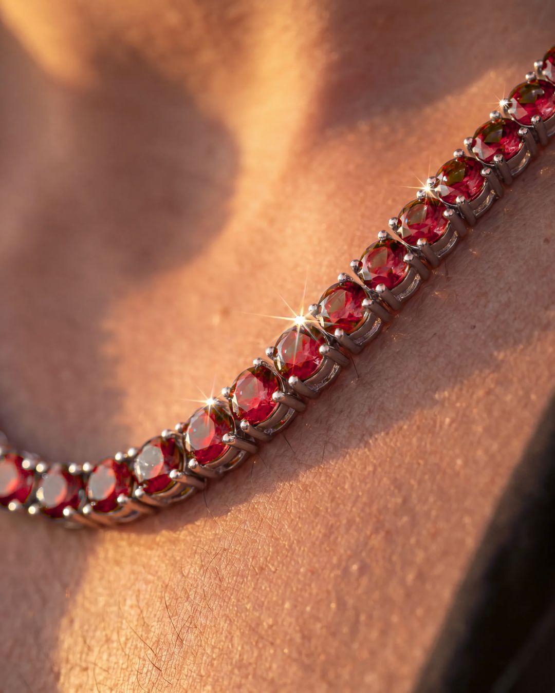Red Zircon Tennis Necklace and Bracelet Set, 4 mm, White-Gold-Plated