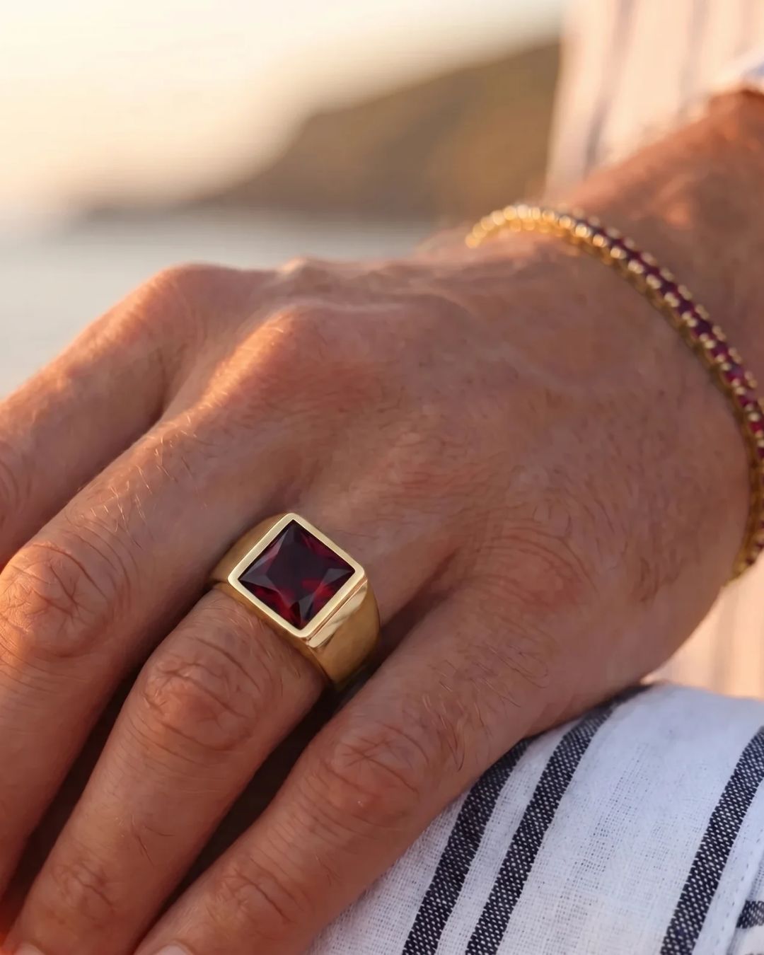 Men’s Red Zirconia Square Signet Ring, Gold-Tone