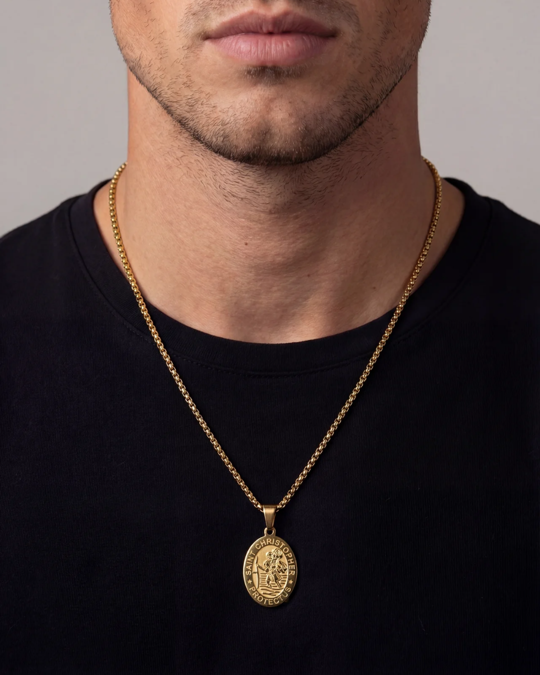 Men’s Saint Christopher Medallion Rope Necklace, Gold-Plated Steel