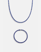 Blue Zircon Tennis Necklace and Bracelet Set, 4 mm, White-Gold-Plated