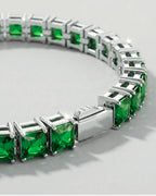 Green Square-Stone Tennis Bracelet, 5 mm, Silver-Tone Steel